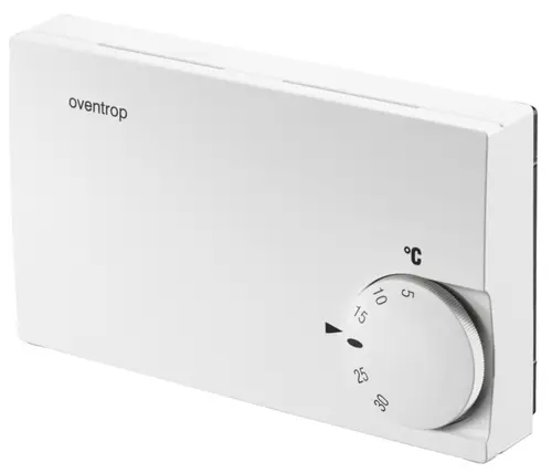 Weißer Raumthermostat mit Drehregler zur Temperaturregelung, montiert auf einer glatten Oberfläche, mit der Marke Oventrop gut sichtbar im oberen Bereich.